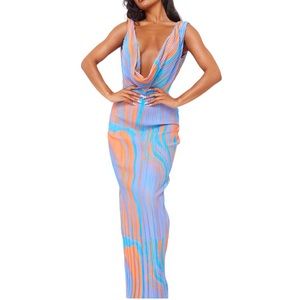 [PLT] Abstract Print Plisse Cowl Plunge Maxi Dress